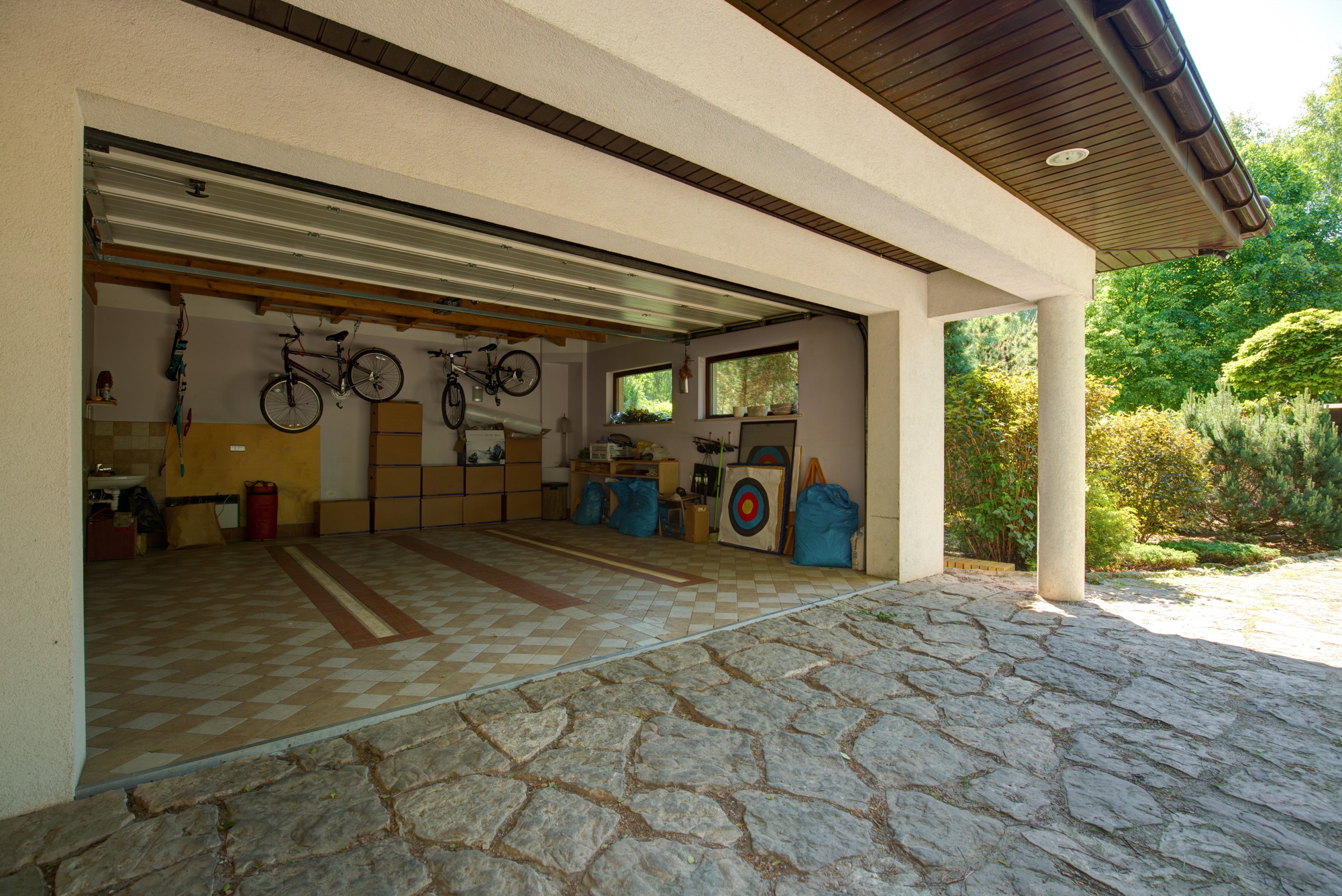 Carton boxes and bikes in the garage